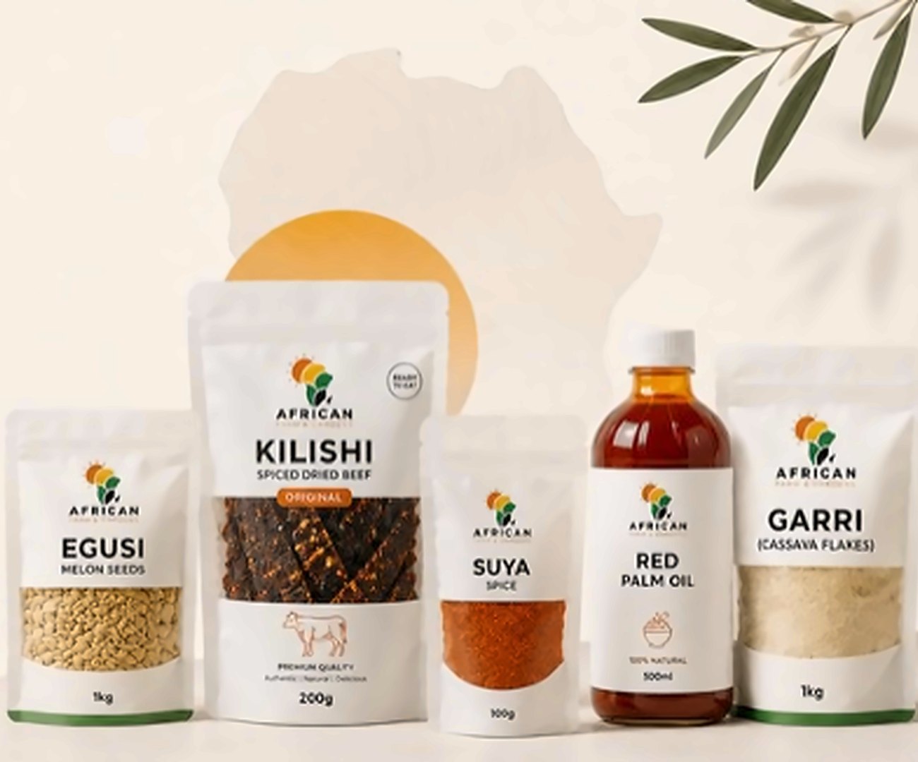 The African Farm & Gardens range — Egusi, Kilishi, Suya Spice, Red Palm Oil and Garri