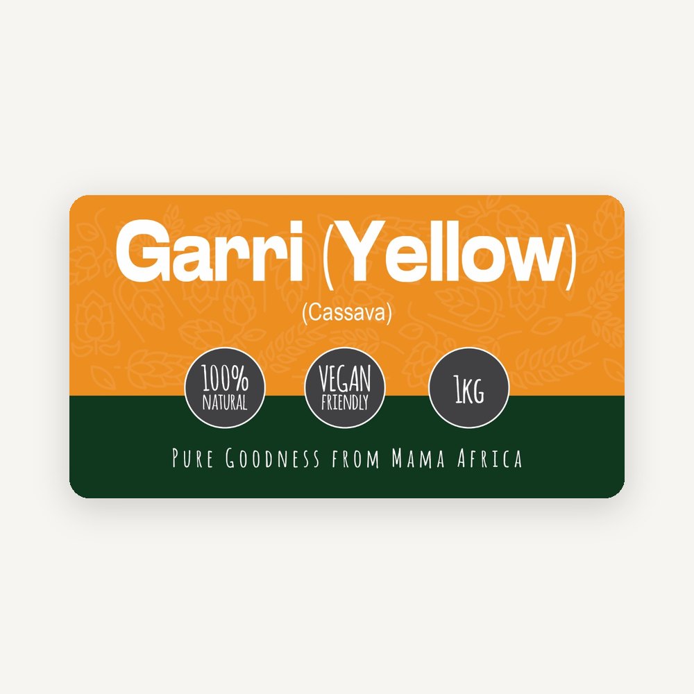 African Farm & Gardens Garri (Yellow) 1kg pack front label