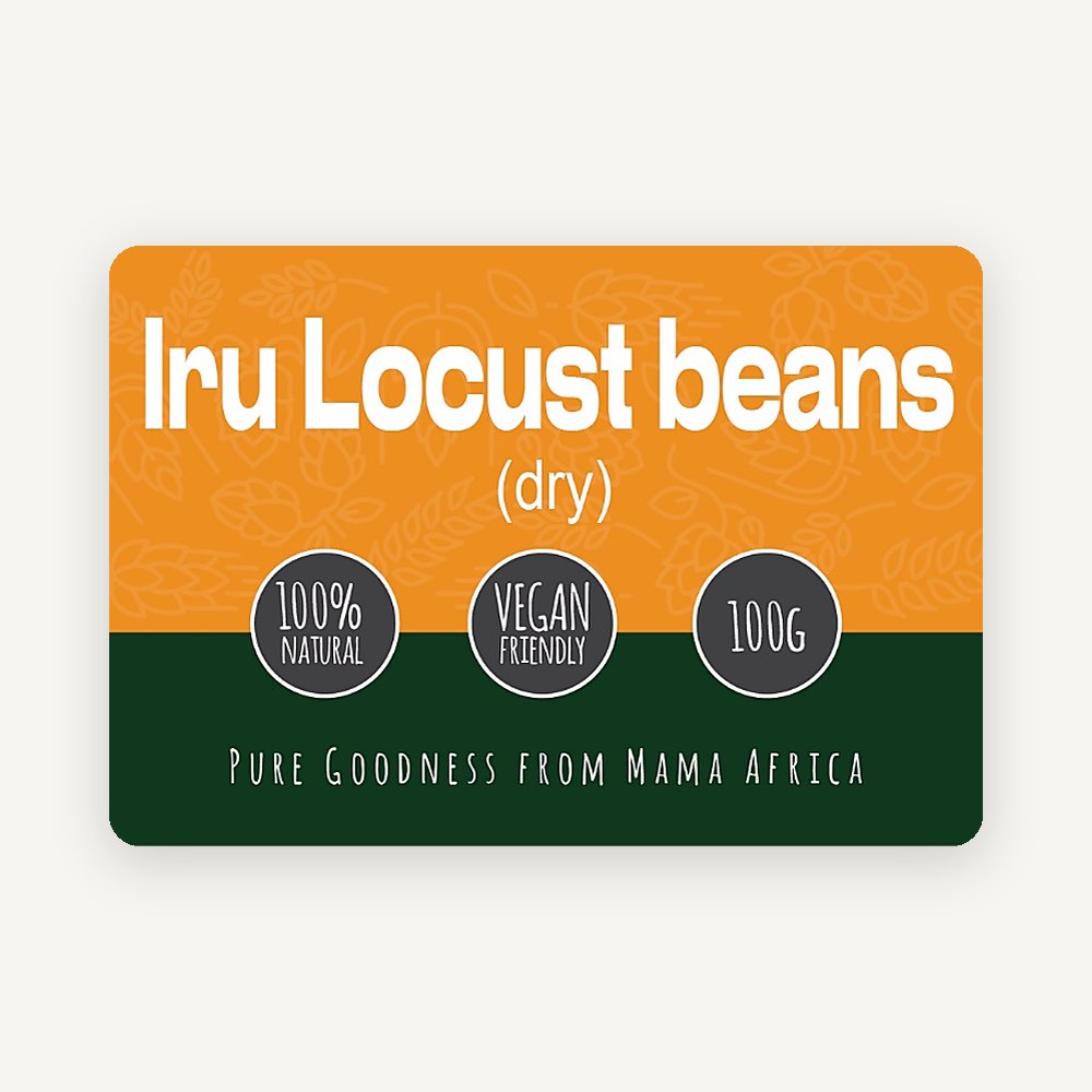 African Farm & Gardens Iru (Locust Beans, Dry) 100g pack front label